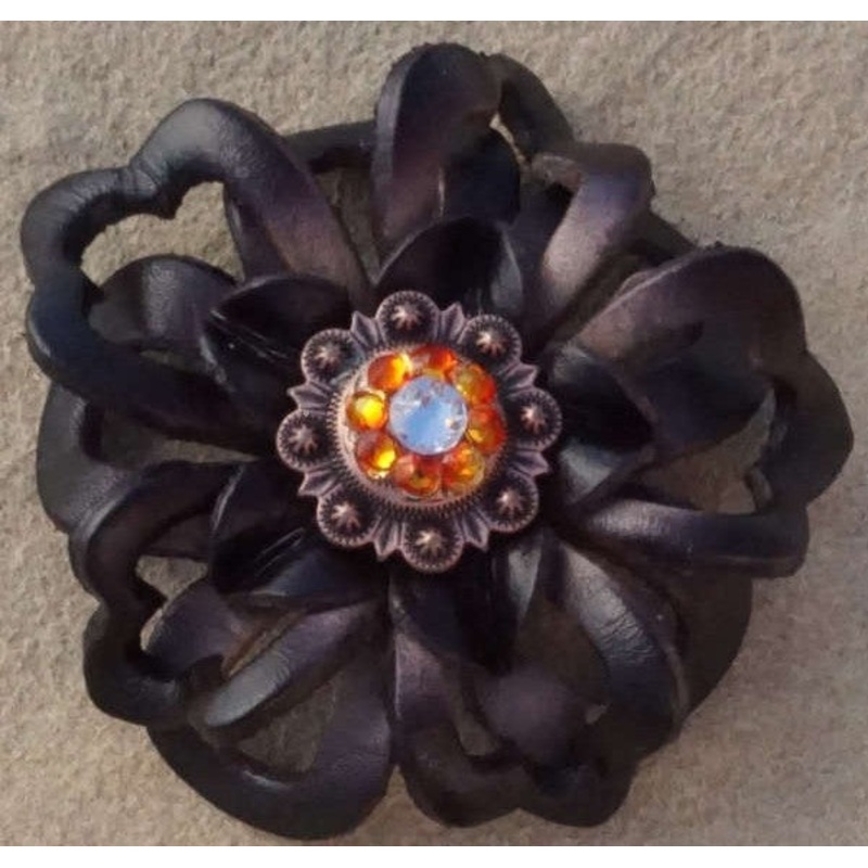 Black Lotus Flower With Copper Fire Opal and AB 1″ Concho