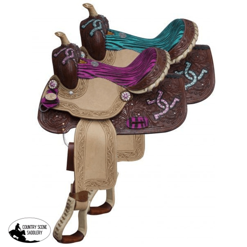 13″ Double T  Barrel style saddle with hair on zebra print seat and accents