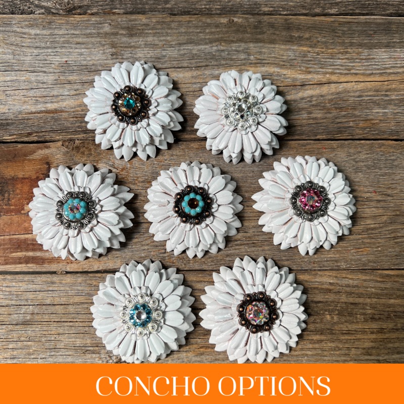 White Daisy Leather Flowers – 1″ Crystal Conchos – Options