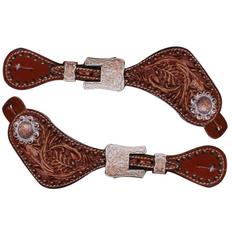 #7192: Showman Ladies sizeFloral tooled spur straps accented with an engraved copper buckles and