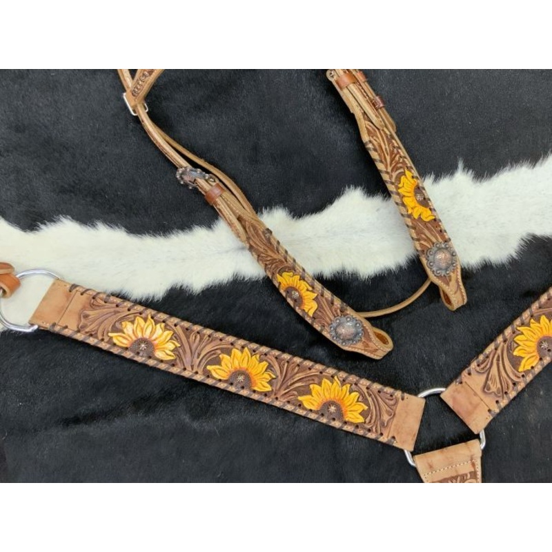Showman  Browband Headstall & Breast collar set with floral tooling and hand painted sunflowers