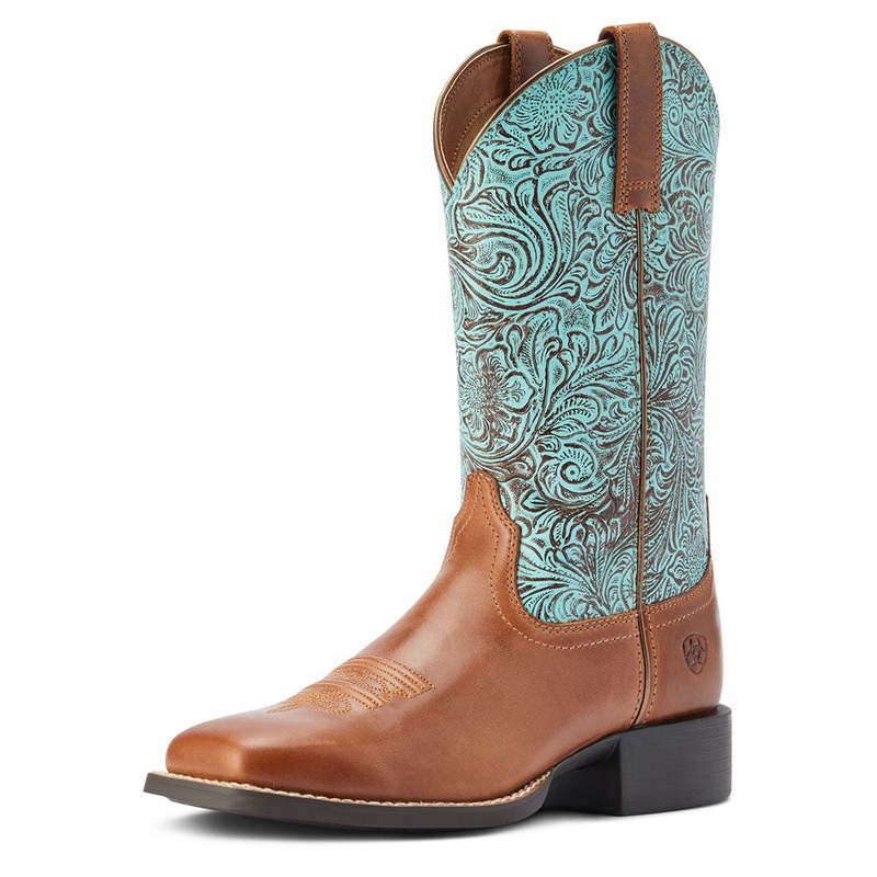 10042534 Ariat Women’s Round Up Wide Square Toe Boot – Beduino Brown / Turquoise Floral Emboss