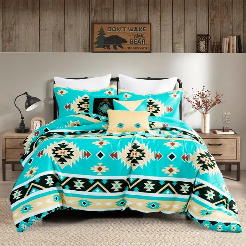 Western Linen Comforter Set ~ Turquoise Southwest