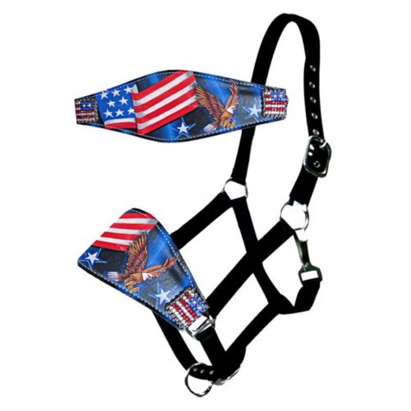 #16300: Showman  Adjustable nylon bronc halter with hand painted flag and patriotic noseband