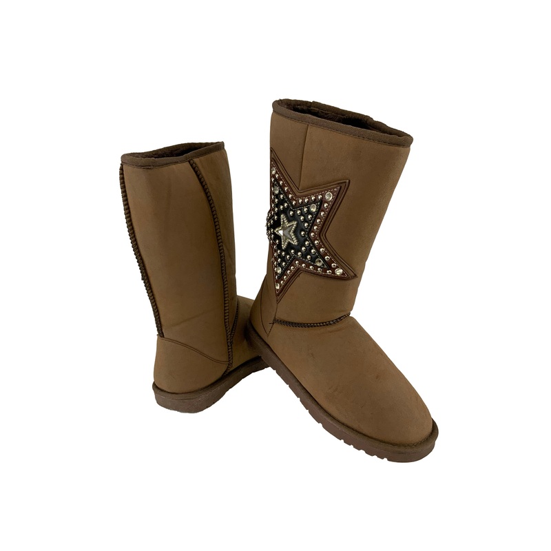 #BA3338-C: Mocha suede tall boot with leather star and rhinestones