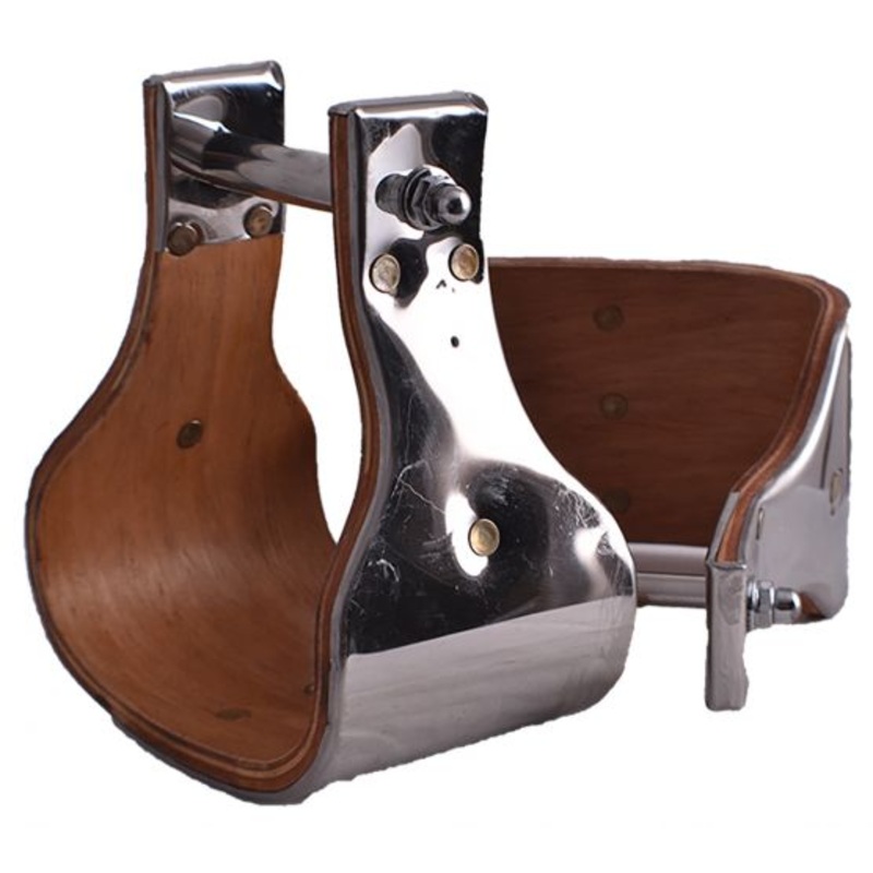 #22166-40: Showman  Polished stainless steel covered wood stirrups with 4″ tread