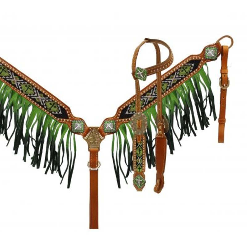 #13076: Showman  Ombre fringe headstall and breast collar set