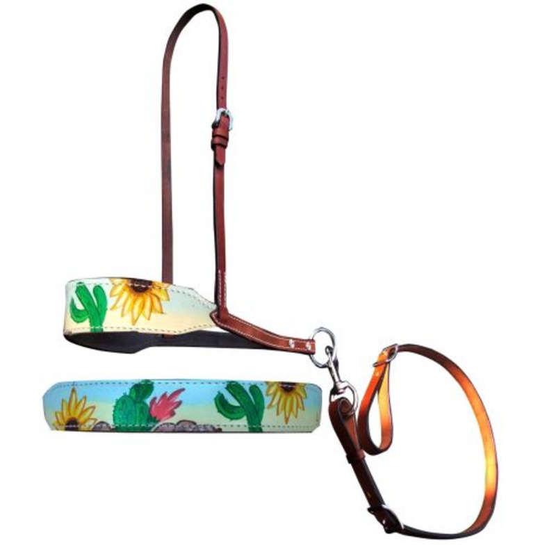 #176949: Showman  Hand Painted Sunflower and cactus print overlay leather tie down noseband and st