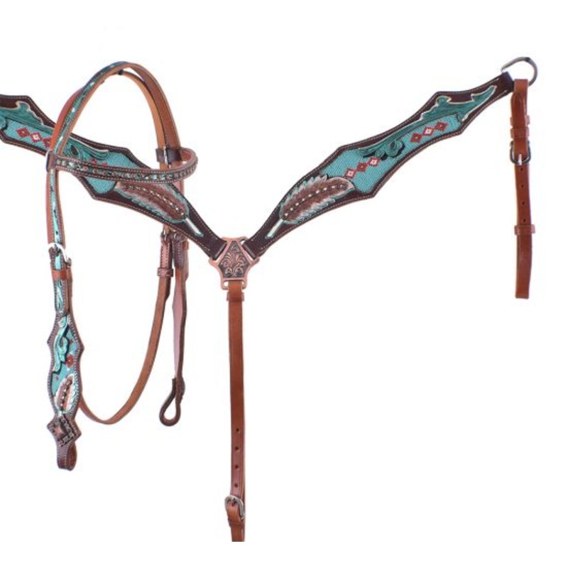 #7051: Showman Turquoise Beaded Browband Headstall and Breast Collar Set