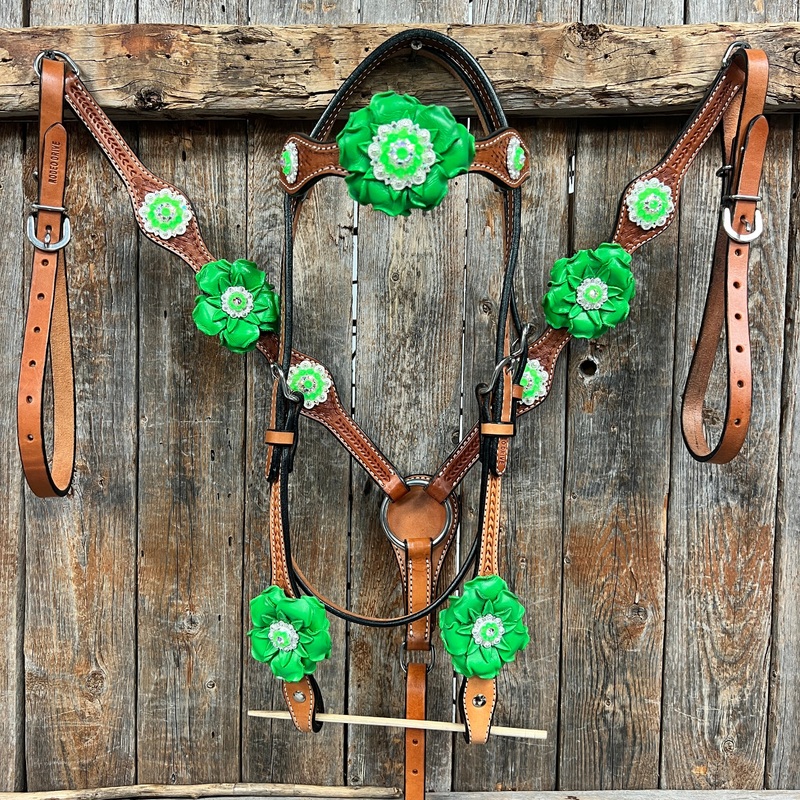 Light Oil Basketweave Neon Green – AB Browband/One Ear Tack Set  #BBBC608
