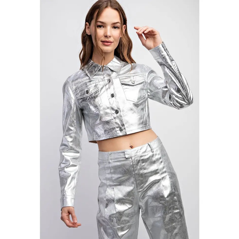 Metallic Fabric Crop Jacket Pocket