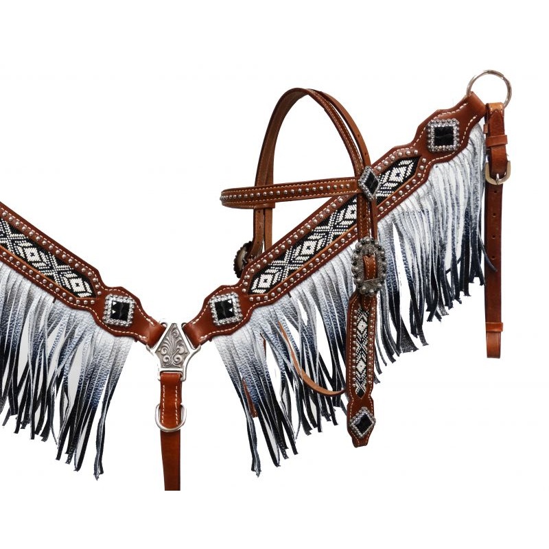 #13528: Showman Black and white beaded headstall and breast collar with ombre fringe