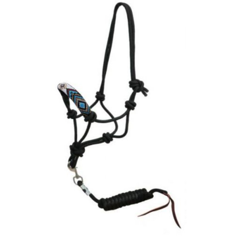 #16411: Showman  Beaded nose cowboy knot rope halter with 7′ lead