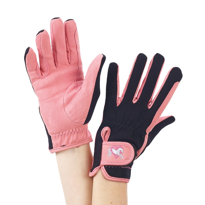 Kids’ Embroidered Riding Gloves – Pink/Black