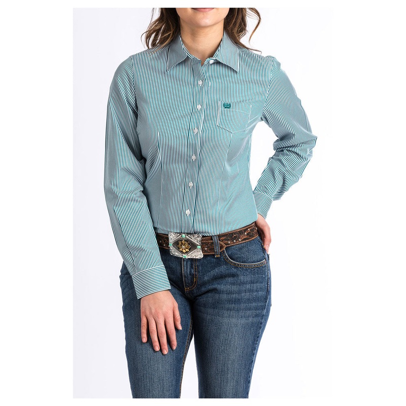 MSW9164088 Cinch Women’s Long Sleeve Button Down Tencel Shirt – Teal Stripe