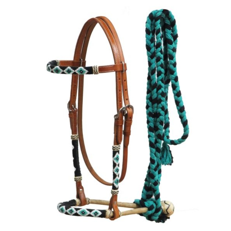#7020: Showman Leather bosal headstall with beaded overlays and teal cotton mecate reins