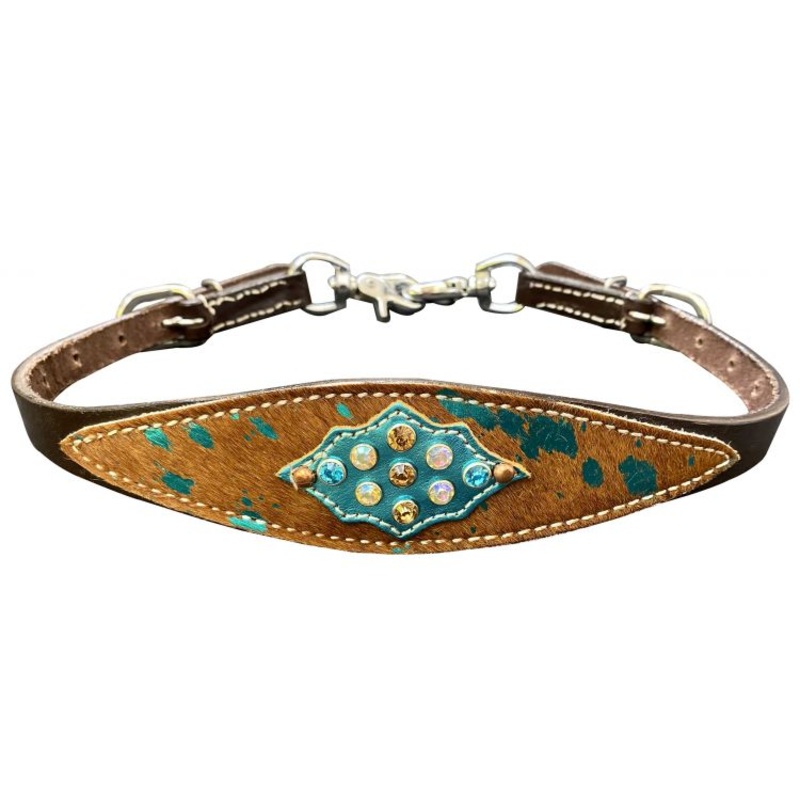 Showman  Leather wither strap with teal acid wash hair on brown cowhide